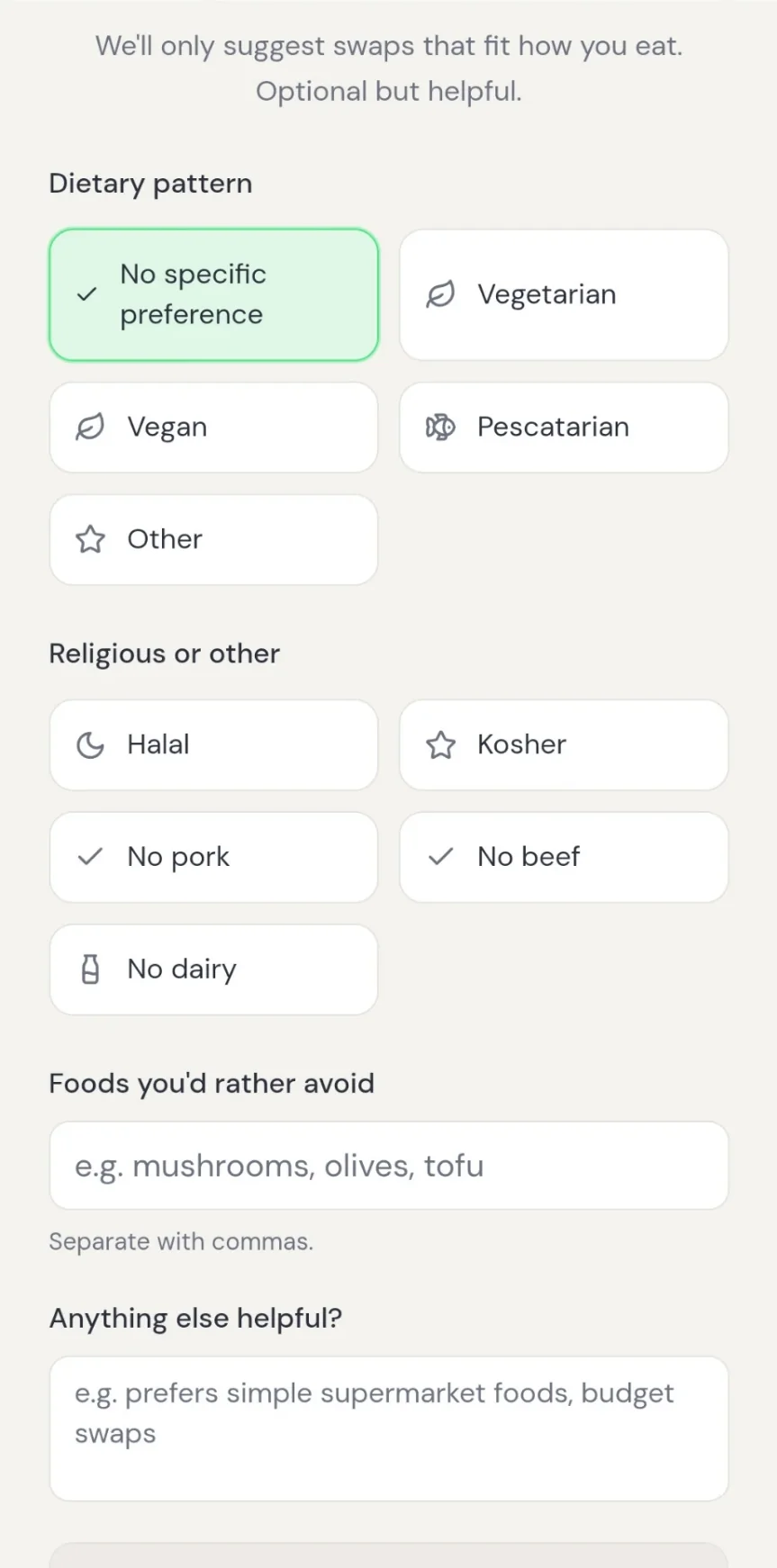 PrediabetesBasket preferences screen with dietary pattern, religious or other options, foods you'd rather avoid and anything else helpful